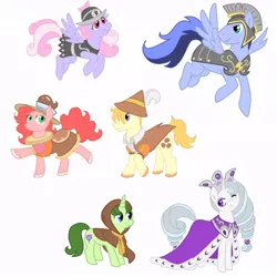 Size: 894x894 | Tagged: safe, artist:retaya, derpibooru import, chancellor puddinghead, clover the clever, commander hurricane, princess platinum, private pansy, smart cookie, earth pony, pegasus, pony, unicorn, hearth's warming eve (episode), armor, cape, clothes, crown, female, founders of equestria, hat, hearth's warming eve, helmet, hood, interpretation, jewelry, male, mare, regalia, simple background, stallion, white background