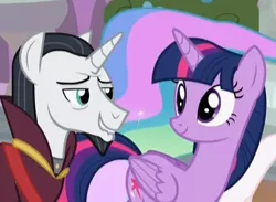 Size: 560x409 | Tagged: alicorn, chancellor neighsay, cropped, derpibooru import, female, lip bite, male, neighsparkle, out of context, safe, school raze, screencap, shipping, straight, twilight sparkle, twilight sparkle (alicorn)