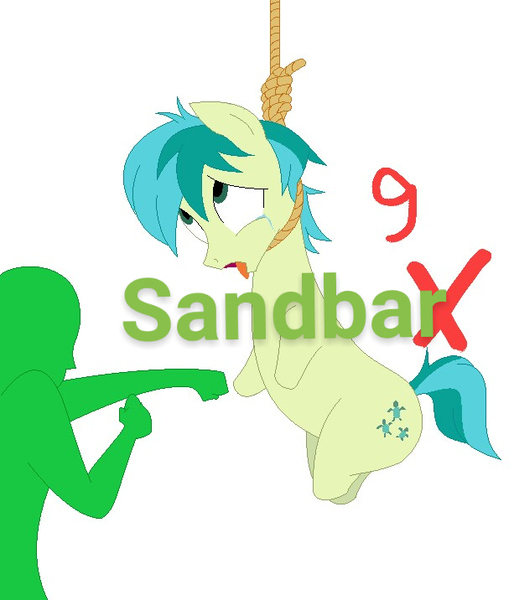 Size: 613x716 | Tagged: artist needed, grimdark, derpibooru import, sandbar, oc, oc:anon, earth pony, pony, abuse, amputee, downvote bait, edgy, god is dead, hanging, hanging (by neck), imminent death, noose, pun, quadruple amputee, sandabuse, sandbag, why