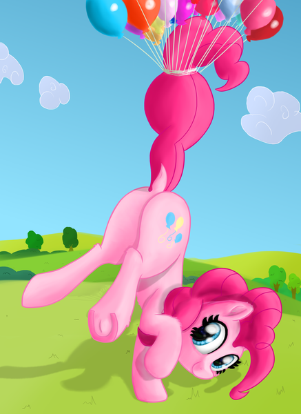 Size: 1413x1938 | Tagged: alternate version, artist:nuxersopus, balloon, cloud, derpibooru import, dock, floating, frog (hoof), grass, pinkie pie, smiling, solo, suggestive, then watch her balloons lift her up to the sky, tree, underhoof