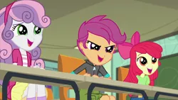 Size: 1280x720 | Tagged: safe, derpibooru import, screencap, apple bloom, scootaloo, sweetie belle, equestria girls, equestria girls series, happily ever after party, >:d, cutie mark crusaders, evil grin, female, grin, happily ever after party: rarity, smiling, smirk, trio, trio female
