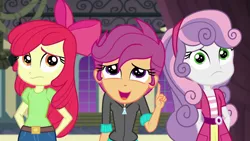 Size: 1280x720 | Tagged: safe, derpibooru import, screencap, apple bloom, scootaloo, sweetie belle, equestria girls, equestria girls series, happily ever after party, adorabloom, apple bloom's bow, bow, canterlot high, cute, cutealoo, cutie mark crusaders, diasweetes, hair bow, happily ever after party: rainbow dash