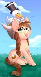 Size: 1652x3122 | Tagged: safe, artist:scarlet-spectrum, derpibooru import, oc, oc:mrducknosa, oc:tvælåt, unofficial characters only, bird, duck, earth pony, pony, braid, cloud, digital art, duo, female, grass, happy, hat, helmet, horned helmet, looking at each other, mare, open mouth, sky, tongue out, top hat, viking helmet