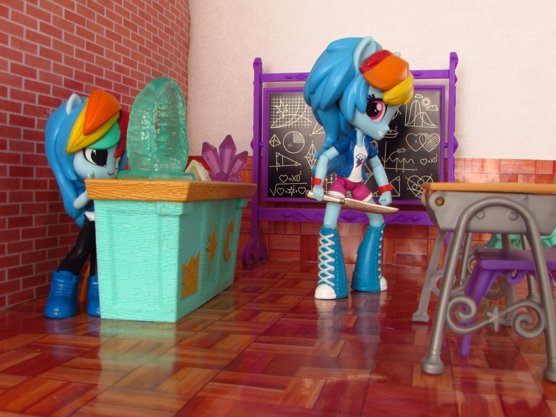 Size: 2000x1500 | Tagged: safe, artist:whatthehell!?, derpibooru import, rainbow dash, equestria girls, chair, chalkboard, classroom, clothes, desk, doll, equestria girls minis, eqventures of the minis, gem, irl, knife, photo, ponied up, toy, ultraminis