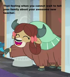 Size: 652x720 | Tagged: bow, braid, cloven hooves, cropped, cute, derpibooru import, dorm, edit, edited screencap, excited, gallus, happy, implied letter, implied rockhoof, implied yaks, safe, school of friendship, screencap, season 8, spoiler:s08, text, tfw, the hearth's warming club, yak, yona, yonadorable