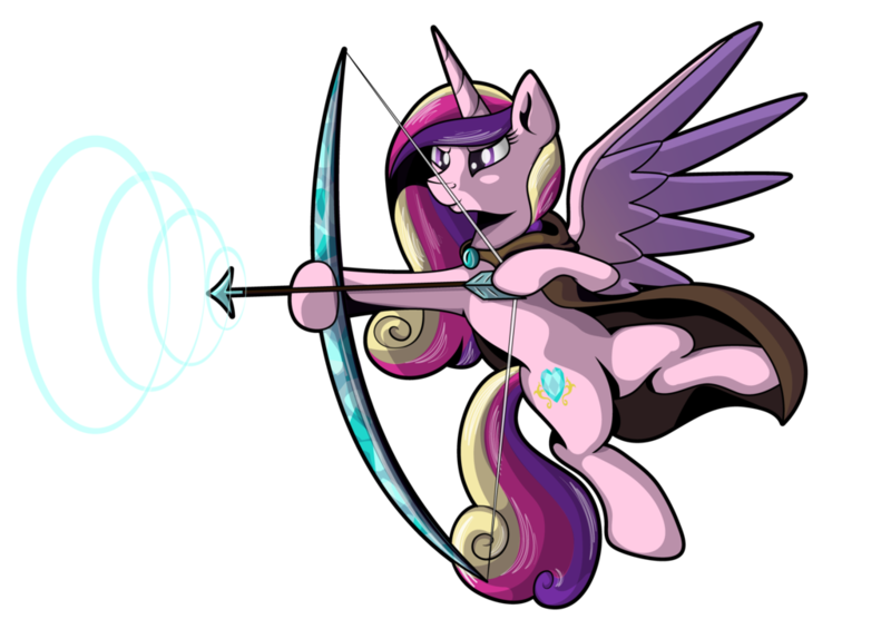 Size: 1024x735 | Tagged: alicorn, arrow, artist:moonlightfan, bow (weapon), cloak, clothes, commission, derpibooru import, princess cadance, safe, simple background, solo, transparent background