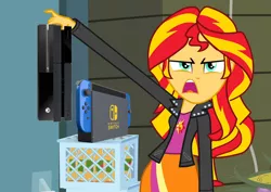 Size: 954x676 | Tagged: safe, derpibooru import, edit, edited screencap, screencap, sunset shimmer, equestria girls, equestria girls (movie), comment war, console wars, exploitable meme, gaming console, haters gonna hate, incoming hate, meme, microsoft, mouthpiece, nintendo, nintendo switch, playstation 4, sony, sunset is disgusted, xbox one