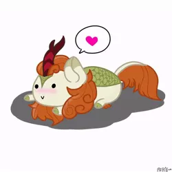 Size: 768x768 | Tagged: :>, artist:parn, autumn blaze, awwtumn blaze, blushing, chibi, cloven hooves, cute, derpibooru import, digital art, female, heart, kirin, pictogram, prone, safe, simple background, smiling, sounds of silence, white background