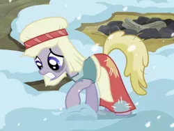 Size: 474x356 | Tagged: safe, derpibooru import, screencap, flurry, earth pony, pony, hearth's warming eve (episode), background pony, bags under eyes, clothes, cropped, earth pony tribe, female, mare, snow, solo