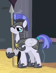 Size: 414x537 | Tagged: safe, derpibooru import, screencap, unnamed character, unnamed pony, pegasus, pony, hearth's warming eve (episode), armor, background pony, cropped, guard, hoof hold, male, pegasus tribe, solo, spear, stallion, weapon