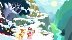 Size: 1440x811 | Tagged: safe, derpibooru import, screencap, applejack, chancellor puddinghead, pinkie pie, smart cookie, earth pony, pony, hearth's warming eve (episode), cliff, clothes, duo, female, gem, gorge, hat, map, mare, mountain, river, ruff (clothing), snow