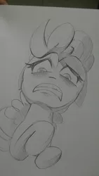 Size: 2340x4160 | Tagged: artist:초보놀이, black and white, derpibooru import, disgusted, grayscale, looking down, monochrome, pinkie pie, safe, solo, traditional art