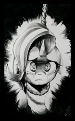 Size: 2220x3557 | Tagged: artist:초보놀이, black and white, crying, derpibooru import, grayscale, hanging, hanging (by neck), monochrome, noose, semi-grimdark, solo, starlight glimmer, suicide, traditional art