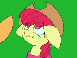 Size: 1000x750 | Tagged: apple bloom, applejack, applejack's hat, artist:eow, cowboy hat, crying, derpibooru import, floppy ears, hat, safe, wavy mouth