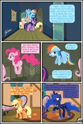 Size: 3255x4838 | Tagged: safe, artist:gutovi, derpibooru import, applejack, fluttershy, pinkie pie, princess luna, rainbow dash, twilight sparkle, twilight sparkle (alicorn), alicorn, earth pony, pegasus, pony, comic:why me!?, comic