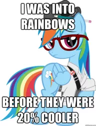 Size: 550x715 | Tagged: safe, artist:crimsonlynx97, derpibooru import, edit, rainbow dash, pegasus, pony, 20% cooler, before it was cool, button-up shirt, caption, clothes, female, glasses, hat, hipster, image macro, impact font, mare, pencil, pencil behind ear, rainbow dork, raised hoof, text, trilby