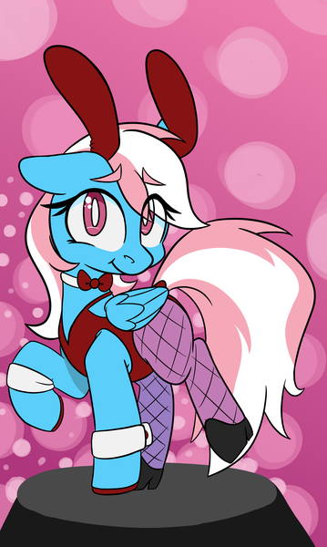 Size: 1844x3080 | Tagged: safe, artist:niggerdrawfag, derpibooru import, oc, oc:beatrix, pegasus, pony, abstract background, bunny ears, bunny suit, clothes, commission, cuffs (clothes), fishnets, solo, trans girl, transgender