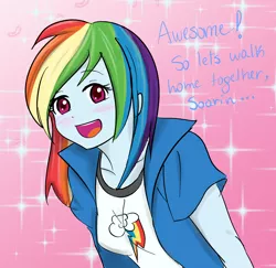 Size: 1704x1658 | Tagged: safe, artist:fuzzette, derpibooru import, rainbow dash, equestria girls, 2016, blushing, cute, dashabetes, dialogue, implied shipping, implied soarin', implied soarindash, implied straight, looking at you, reference, smiling, solo