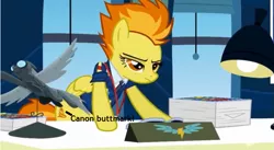 Size: 641x351 | Tagged: cutie mark, derpibooru import, desk, office, safe, spitfire, spitfire's eyebrows, window, wonderbolts academy