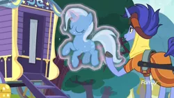 Size: 1920x1080 | Tagged: safe, derpibooru import, screencap, hoo'far, trixie, pony, saddle arabian, unicorn, road to friendship, discovery family logo, duo, female, flying, glowing horn, horn, levitation, magic, magic aura, male, mare, self-levitation, stallion, telekinesis, trixie's wagon