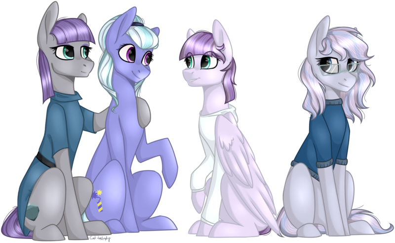 Size: 1591x980 | Tagged: safe, artist:sychia, derpibooru import, maud pie, sugarcoat, oc, oc:rock candy (ice1517), oc:sweetie pie (ice1517), ponified, earth pony, pegasus, pony, icey-verse, clothes, commission, equestria girls ponified, family, female, glasses, hoodie, hoof on shoulder, lesbian, magical lesbian spawn, mare, maudcoat, mother and child, mother and daughter, offspring, parent:maud pie, parent:sugarcoat, parents:maudcoat, shipping, siblings, simple background, sisters, sweater, transparent background