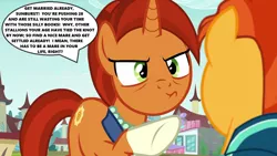 Size: 1280x720 | Tagged: angry, caps lock, derpibooru import, edit, edited screencap, nagging, raised hoof, safe, screencap, season 8, sire's hollow, speech bubble, spoiler:s08, stellar flare, sunburst, text, that pony sure does want grandfoals, the parent map, yelling