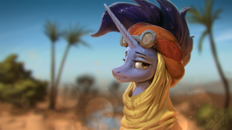 Size: 1440x810 | Tagged: safe, artist:assasinmonkey, derpibooru import, hoo'far, pony, saddle arabian, unicorn, road to friendship, blurred background, bust, clothes, desert, looking at you, male, portrait, scenery, solo, stallion