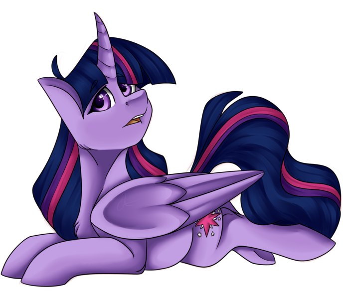 Size: 2615x2282 | Tagged: safe, artist:crecious, derpibooru import, twilight sparkle, twilight sparkle (alicorn), alicorn, pony, female, mare, prone, simple background, solo, transparent background