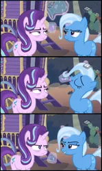 Size: 578x967 | Tagged: safe, derpibooru import, edit, edited screencap, screencap, starlight glimmer, trixie, pony, unicorn, road to friendship, angry, boomerang (tv channel), comic, cup, drinking, duo, female, glass, juice, mare, passive aggressive, pitcher, screencap comic, smiling, smirk, starlight is not amused, tired, unamused