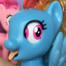 Size: 650x650 | Tagged: safe, derpibooru import, pinkie pie, rainbow dash, pegasus, pony, brushable, cursed image, derp, eye, eye scream, factory error, figurine, looking at you?, not salmon, polycoria, tongue out, toy, wat, what has science done, wings