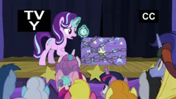 Size: 1920x1080 | Tagged: safe, derpibooru import, screencap, blues, carrot top, golden harvest, hoo'far, linky, lucky clover, noteworthy, princess cadance, princess flurry heart, shoeshine, starlight glimmer, twilight sparkle, twilight sparkle (alicorn), alicorn, pony, saddle arabian, unicorn, road to friendship, aunt and niece, auntie twilight, baby, baby pony, chains, chest, clock, diaper, female, foal, magic, male, mare, mother and child, mother and daughter, stage, stallion