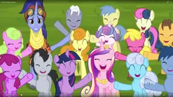 Size: 1920x1080 | Tagged: safe, derpibooru import, screencap, berry punch, berryshine, blues, bon bon, caramel, carrot top, cherry berry, daisy, flower wishes, golden harvest, goldengrape, hoo'far, linky, lucky clover, noteworthy, princess cadance, princess flurry heart, royal riff, shoeshine, sir colton vines iii, sweetie drops, twilight sparkle, twilight sparkle (alicorn), alicorn, earth pony, pony, saddle arabian, unicorn, road to friendship, aunt and niece, auntie twilight, background pony, background pony audience, cheering, discovery family logo, eyes closed, female, goggles, male, mare, mother and child, mother and daughter, stallion