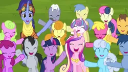 Size: 1920x1080 | Tagged: safe, derpibooru import, screencap, berry punch, berryshine, blues, bon bon, caramel, carrot top, cherry berry, daisy, flower wishes, golden harvest, goldengrape, hoo'far, linky, lucky clover, noteworthy, princess cadance, princess flurry heart, royal riff, shoeshine, sir colton vines iii, sweetie drops, twilight sparkle, twilight sparkle (alicorn), alicorn, earth pony, pony, saddle arabian, unicorn, road to friendship, background pony, background pony audience, eyes closed, female, goggles, male, mare, stallion