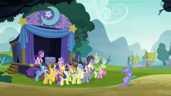 Size: 1920x1080 | Tagged: safe, derpibooru import, screencap, blues, bon bon, caramel, carrot top, cherry berry, daisy, flower wishes, golden harvest, goldengrape, hoo'far, linky, lucky clover, noteworthy, princess cadance, princess flurry heart, royal riff, shoeshine, sir colton vines iii, starlight glimmer, sweetie drops, trixie, twilight sparkle, twilight sparkle (alicorn), alicorn, earth pony, pegasus, pony, saddle arabian, unicorn, road to friendship, baby, baby pony, cape, chains, chest, clothes, female, hat, male, mare, stage, stallion, trixie's cape, trixie's hat