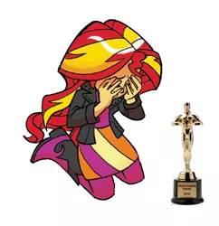 Size: 544x562 | Tagged: safe, derpibooru import, edit, idw, sunset shimmer, equestria girls, abuse, award, background pony strikes again, crying, downvote bait, op is wrong, op isn't even trying anymore, oscar, sad, shimmerbuse, worst human