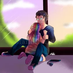 Size: 768x768 | Tagged: safe, artist:malinraf1615, derpibooru import, rainbow dash, soarin', human, clothes, converse, crying, female, humanized, male, mobile phone, phone, shipping, shoes, smartphone, soarindash, straight