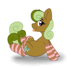 Size: 4584x4091 | Tagged: safe, artist:hellishprogrammer, derpibooru import, cinnabon (character), earth pony, pony, absurd resolution, clothes, commission, cute, female, mare, silly, simple background, socks, solo, striped socks, tongue out, transparent background, ych result