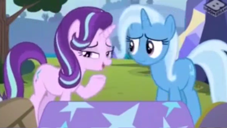 Size: 766x432 | Tagged: safe, derpibooru import, screencap, starlight glimmer, trixie, pony, unicorn, road to friendship, boomerang (tv channel), duo, female, mare, outdoors