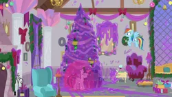 Size: 1280x720 | Tagged: safe, derpibooru import, screencap, rainbow dash, spike, twilight sparkle, twilight sparkle (alicorn), alicorn, dragon, goo, pegasus, pony, the hearth's warming club, female, hearth's warming tree, male, mare, present, shield, slime, tree, window, winged spike