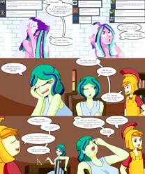 Size: 2000x2400 | Tagged: suggestive, artist:jake heritagu, derpibooru import, aria blaze, oc, oc:golden knight, oc:noble lass, comic:aria's archives, equestria girls, bathing, book, bookshelf, breasts, candle, chair, clothes, comic, desk, dress, flashback, nudity, shampoo, shower, suds, washing hair