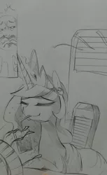 Size: 2340x3813 | Tagged: air conditioner, artist:초보놀이, black and white, derpibooru import, eyes closed, grayscale, monochrome, princess celestia, safe, soda, straw in mouth, sun, traditional art