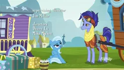 Size: 1920x1080 | Tagged: safe, derpibooru import, screencap, hoo'far, trixie, pony, saddle arabian, unicorn, road to friendship, bucket, credits, discovery family logo, duo, female, male, mare, ms. powerful, opening credits, stallion, trixie's wagon