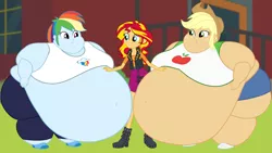Size: 1920x1080 | Tagged: safe, artist:neongothic, derpibooru import, applejack, rainbow dash, sunset shimmer, fanfic:a 1000 pound cowgirl?!? i don't think so!, equestria girls, amplejack, applefat, appleshimmer, bbw, belly, belly button, big belly, bingo wings, chubby cheeks, double chin, fat, female, huge belly, illustration, impossibly large belly, lesbian, morbidly obese, near immobile, obese, polyamory, rainblob dash, shipping, ssbbw, story included, sunsetdash, weight gain