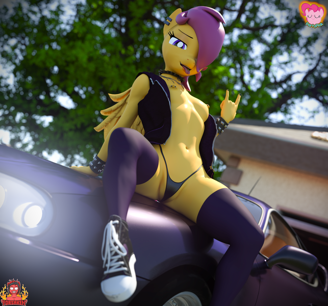 Size: 2100x1960 | Tagged: questionable, artist:forsaken, derpibooru import, scootaloo, anthro, pegasus, plantigrade anthro, 3d, blender, bracelet, breasts, car, clothes, converse, delicious flat chest, devil horn (gesture), ear piercing, female, garage, jewelry, lidded eyes, looking at you, necklace, nipple piercing, nipples, nudity, older, older scootaloo, panties, piercing, punk, scootaflat, shoes, sitting, sneakers, socks, solo, solo female, spiked wristband, thigh highs, thong, tongue out, tongue piercing, toyota supra, tree, underwear, wristband