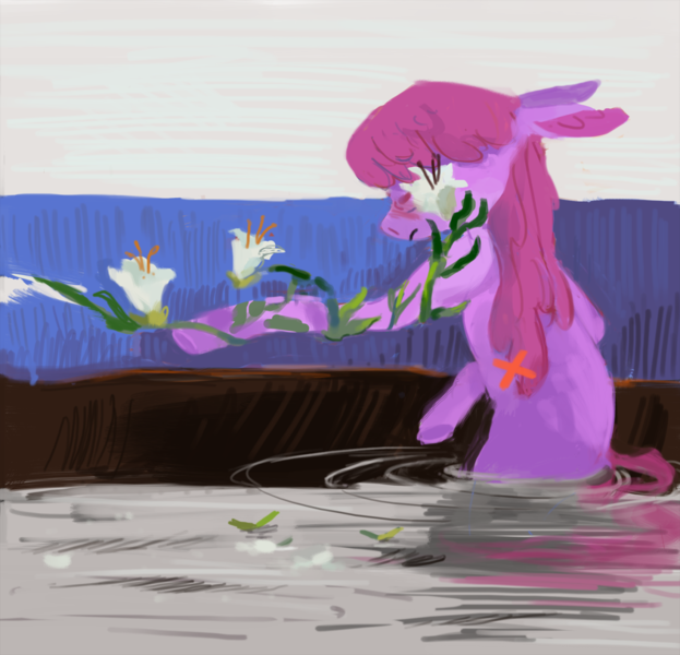 Size: 1280x1233 | Tagged: safe, artist:sterfler, deleted from derpibooru, derpibooru import, berry punch, berryshine, earth pony, pony, bipedal, female, floppy ears, flower, lily (flower), reaching, solo, wading, water, x