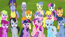 Size: 1280x720 | Tagged: safe, derpibooru import, screencap, berry punch, berryshine, blues, bon bon, caramel, carrot top, cherry berry, daisy, flower wishes, golden harvest, goldengrape, hoo'far, linky, lucky clover, noteworthy, princess cadance, princess flurry heart, royal riff, shoeshine, sir colton vines iii, sweetie drops, twilight sparkle, twilight sparkle (alicorn), alicorn, earth pony, pony, saddle arabian, unicorn, road to friendship, aunt and niece, auntie twilight, background pony, background pony audience, female, goggles, male, mare, mother and child, mother and daughter, stallion