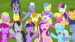 Size: 1280x720 | Tagged: safe, derpibooru import, screencap, berry punch, berryshine, blues, bon bon, caramel, carrot top, cherry berry, daisy, flower wishes, golden harvest, goldengrape, hoo'far, linky, lucky clover, noteworthy, princess cadance, princess flurry heart, royal riff, shoeshine, sir colton vines iii, sweetie drops, twilight sparkle, twilight sparkle (alicorn), alicorn, earth pony, pony, saddle arabian, unicorn, road to friendship, aunt and niece, auntie twilight, background pony, background pony audience, cheering, female, goggles, male, mare, mother and child, mother and daughter, stallion