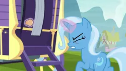 Size: 1280x720 | Tagged: safe, derpibooru import, screencap, trixie, pony, unicorn, road to friendship, butt, eyes closed, female, gritted teeth, mare, plot, solo, trixie's wagon