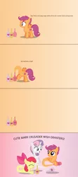 Size: 4096x9216 | Tagged: safe, artist:parclytaxel, derpibooru import, apple bloom, scootaloo, sweetie belle, earth pony, genie, genie pony, pegasus, pony, unicorn, ain't never had friends like us, .svg available, absurd resolution, ask, bottle, comic, cutie mark crusaders, eyes closed, female, filly, floating, geniefied, gradient background, scootaloo can fly, smiling, tumblr, vector