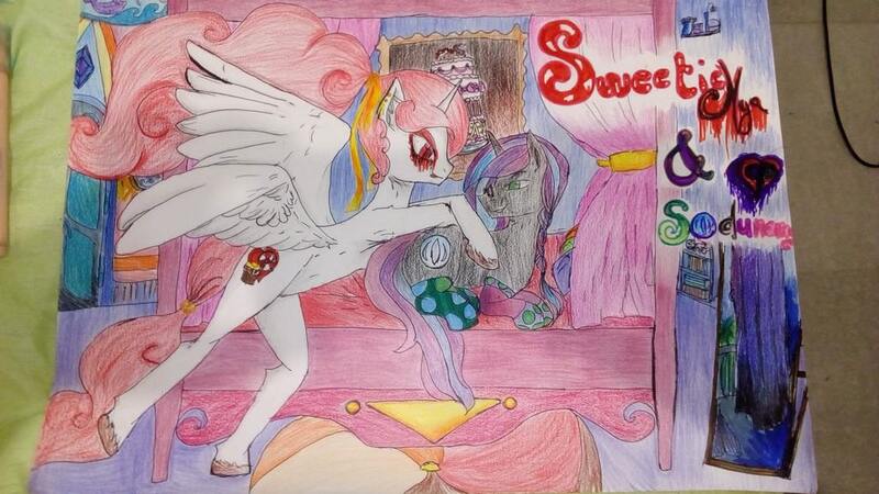 Size: 1024x576 | Tagged: safe, artist:mya-chan nina, derpibooru import, oc, oc:sodunome, oc:sweetie(empress)mya, unofficial characters only, alicorn, pony, unicorn, alicorn oc, bed, cake, carpet, clothes, colored, cuddling, curtains, cute, cutie mark, door, eye, eyes, food, honeymoon, horn, jewels, legends of equestria, long mane, makeup, mirror, painting, roof, socks, title, tongue out, traditional art, walls, wings